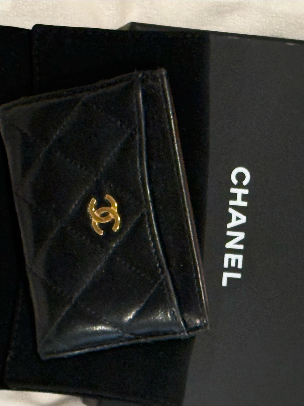 *** AUTHENTIC CHANEL Black Quilted Leather Card Holder with Gold CC Emblem